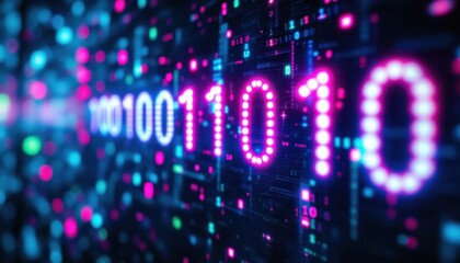 Binary code with neon lights on digital screen