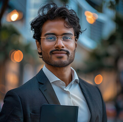 Canvas Print - Indian man in his early 30s, dressed in elegant business attire, standing confidently in front of a modern office building.