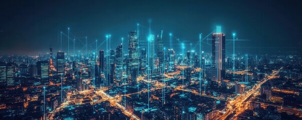 Wall Mural - aerial view of a futuristic city with glowing skyscrapers at night.