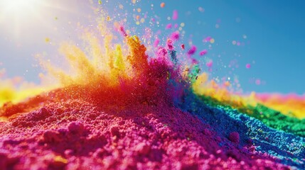 Wall Mural - rainbow holi concept. vibrant explosion of colorful powder creating a rainbow effect under sunlight.