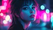 © Nataliia - anime portrait of girl in city at night, soft neon glow, introspective and peaceful mood, detailed background