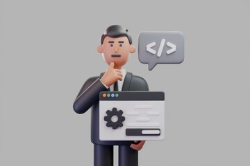 A 3D cartoon businessman contemplates web development code and website settings.