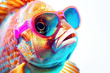 A surrealistic collage of tropical fish wearing funky sunglasses.blank templated, rule of thirds, space for text, isolated white background neon light, extreme right, rule of third