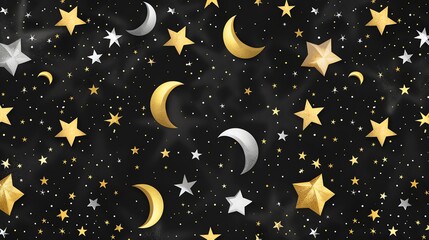 Canvas Print - a seamless pattern of gold and silver moons and stars on a black background.