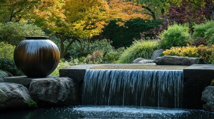 Wall Mural - Tranquil Waterfall and a Bronze Pot in a Japanese Garden