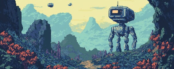 Wall Mural - A pixel art depiction of a pixelated robot exploring a pixelated alien world.