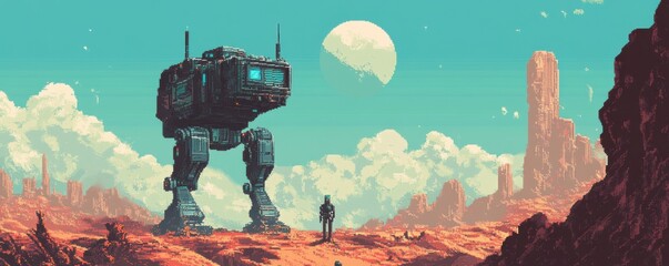 Wall Mural - a pixel art depiction of a pixelated robot exploring a pixelated alien world.