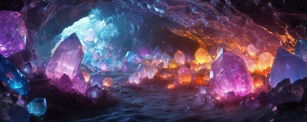 Wall Mural - a crystal cave filled with glowing gemstones of every color.