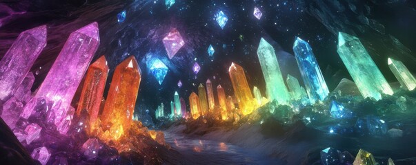 Wall Mural - a crystal cave filled with glowing gemstones of every color.