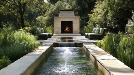 Poster - Stone Fireplace and Water Feature in a Lush Garden