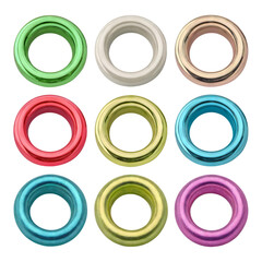 Assorted circular metallic rings in vibrant colors isolated on transparent background