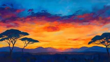 Wall Mural - vibrant sunset over the african savannah with silhouetted trees