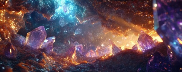 Wall Mural - a crystal cave filled with glowing gemstones that emit healing energy.