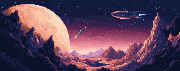 Wall Mural - a pixel art illustration of a spaceship exploring a distant planet.