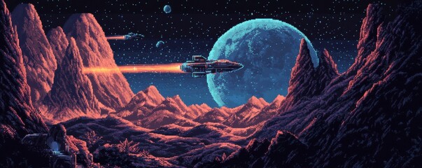 Wall Mural - a pixel art illustration of a spaceship exploring a distant planet.