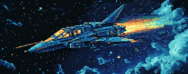 Wall Mural - a pixel art rendition of a futuristic spaceship soaring through the pixelated stars.