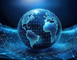 Wall Mural - floating blue plexus geometric. blue futuristic background with planet earth shape