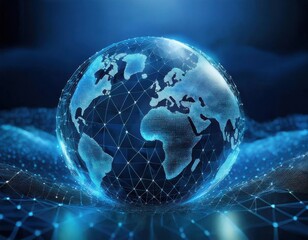 Wall Mural - floating blue plexus geometric. blue futuristic background with planet earth shape