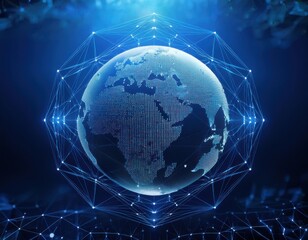 Wall Mural - floating blue plexus geometric. blue futuristic background with planet earth shape