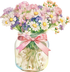 Wall Mural - Rustic Charm Watercolor: A charming watercolor illustration depicting a delicate bouquet of daisies, baby's breath, and other blooms, arranged in a mason jar tied with a pink ribbon.