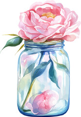 Wall Mural - Pink Peony in Mason Jar:  A delicate pink peony blooms in a clear mason jar, showcasing its vibrant petals and subtle beauty.