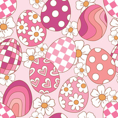 Wall Mural - Seamless vector pattern with groovy Easter eggs and tiny flowers. Hand drawn retro Easter illustration. Perfect for textile, wallpaper or nursery print design. EPS10 vector file.