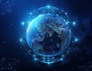 Wall Mural - floating blue plexus geometric. blue futuristic background with planet earth shape