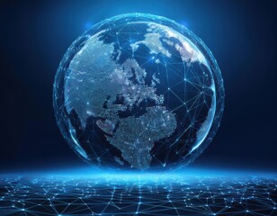 Wall Mural - floating blue plexus geometric. blue futuristic background with planet earth shape