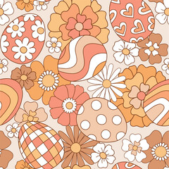 Wall Mural - Seamless vector pattern with groovy Easter eggs and flowers. Hand drawn retro Easter illustration. Perfect for textile, wallpaper or nursery print design. EPS10 vector file.