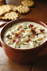 Wall Mural - A warm bowl of creamy clam chowder, garnished with crispy bacon bits, parsley, and a drizzle of cream