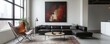 © Павел Озарчук - Stylish loft, minimalist interior design of modern living room featuring dark leather sectional sofa, large abstract painting and round coffee table, leather butterfly chair and a soft rug