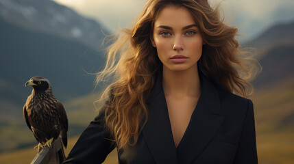 confident businesswoman in structured blazer stands beside hawk, set against mountainous landscape. 
