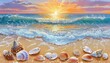 © sennauli - A beautiful seascape with a sunrise over the ocean and seashells on the beach.
