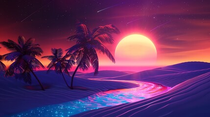 Wall Mural - a retro-futuristic tropical beach scene with palm trees and a glowing pink moon in the night sky.