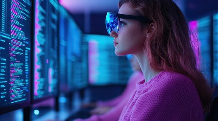 Focused Female Coder Wearing Glasses in a Neon-lit Tech Environment