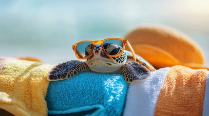 a cute sea turtle wearing orange sunglasses lying on a colorful towels beach day vibe