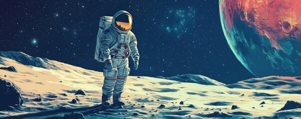 Wall Mural - a depiction of the first moon landing, neil armstrong taking his first steps on the lunar surface, a