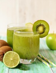 Wall Mural - Refreshing kiwi and green apple juice with lime and mint