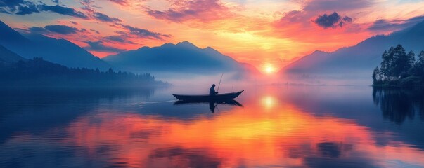 Wall Mural - Sunset view of a fisherman on a tranquil lake, perfect reflection in water.