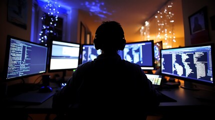 Night Coder: Silhouette of a Programmer Working on Multiple Monitors in a Dark Room