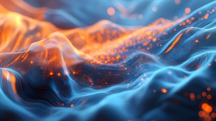 Wall Mural - creating an abstract futuristic background, flowing particles form a digital wave, blending shades o