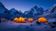 © horizon - Illuminated orange tents glow against snowy mountain landscape with dramatic snow-capped peaks, creating a moody base camp setting in high-altitude Himalayan-style terrain during blue evening light