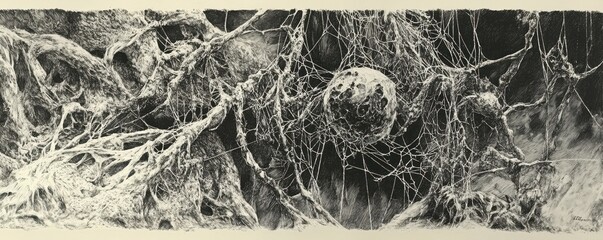 A detailed pen-and-ink drawing of a intricate spider web.