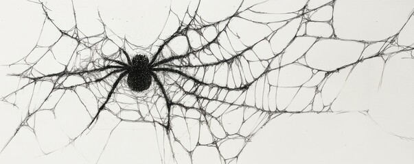 A detailed pen-and-ink drawing of a intricate spider web.