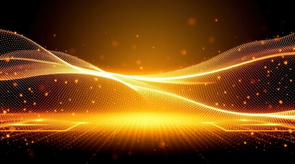 Wall Mural - Abstract golden light waves, cosmic energy streams, glowing horizon, starry background, futuristic landscape, digital art, vibrant orange hues, dynamic motion lines, ethereal atmosphere, sci-fi