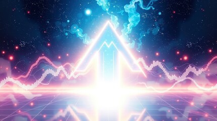 Wall Mural - Glowing neon arrows, electric blue energy, pink lightning, cosmic background, starry space, futuristic, digital art, vibrant colors, symmetrical composition, abstract design, energy flow, illuminated 