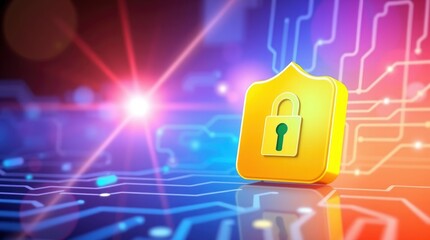 Wall Mural - Glowing yellow padlock icon, neon cybersecurity concept, digital circuit background, vibrant purple and orange colors, lens flare, futuristic technology, data protection visualization, 3D rendering