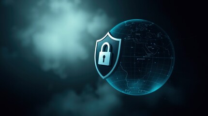 Wall Mural - cybersecurity shield, glowing padlock icon, digital globe, blue hologram, futuristic technology, dat