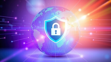 Wall Mural - Cybersecurity globe, digital shield icon, padlock symbol, glowing network connections, futuristic technology, data protection concept, colorful cosmic background, purple and orange light rays