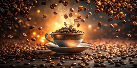 Wall Mural - Surreal Coffee Cup with Floating Beans: Dreamy Coffee Photography